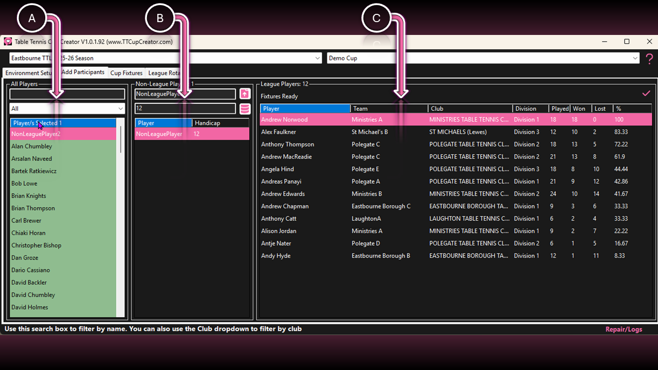 Players and participants screen in TT Cup Creator